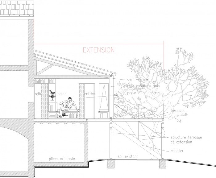 Extension de maison avec terrasses et accès : GAB coupe2